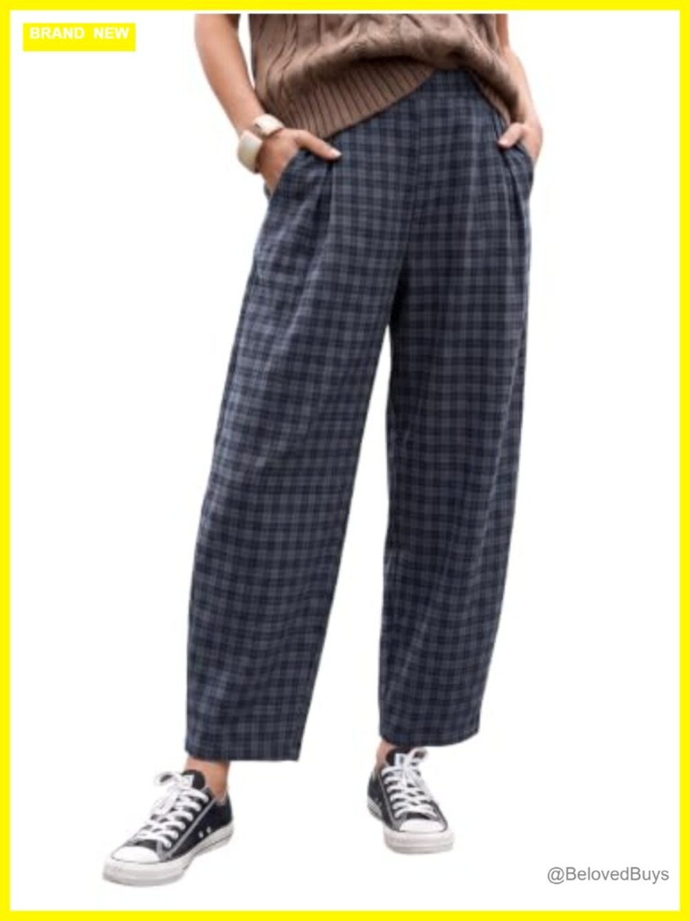 Plaid Barrel Pants Faux Flannel Pleated Ankle Trousers Elastic Waist
